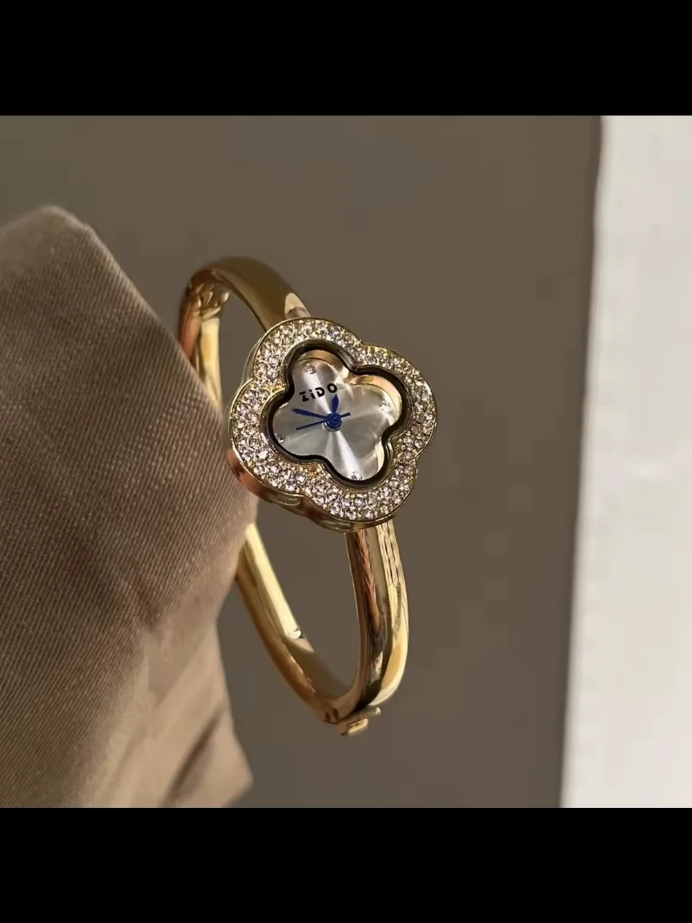 Gold tone Floral Crystal Bangle Watch with White Dial
